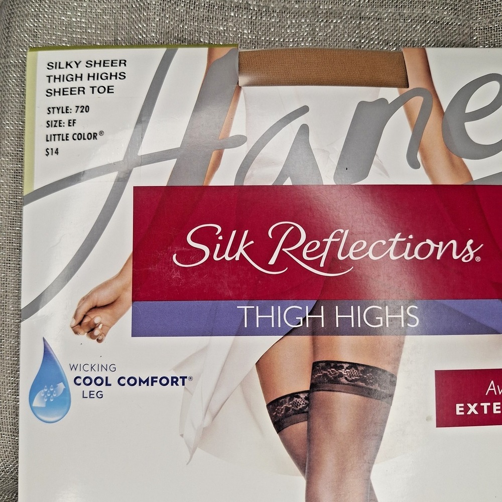 HANES SILK REFLECTIONS Sz EF Thigh High Little Color Silky Sheer Lacy Top Queen - Picture 4 of 4